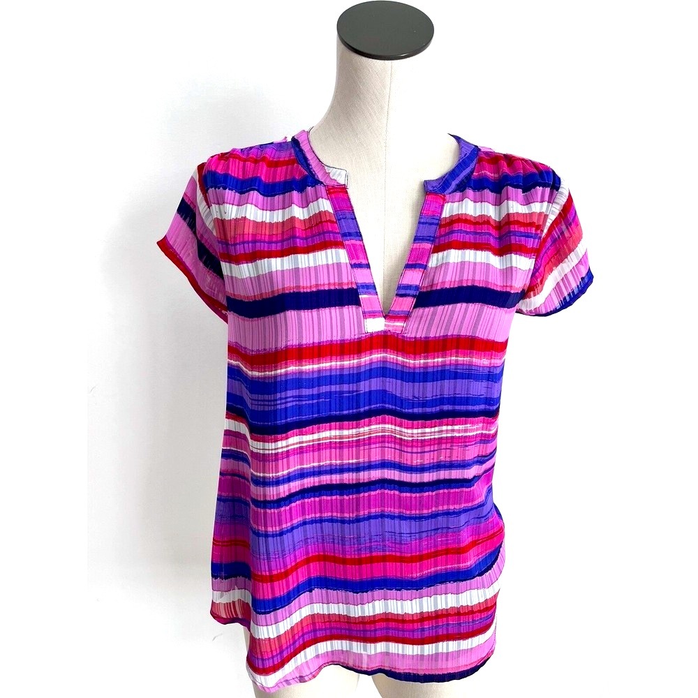 41 Hawthorn Womens Top Pink & Blue Stripes V Neck Casual Shirt